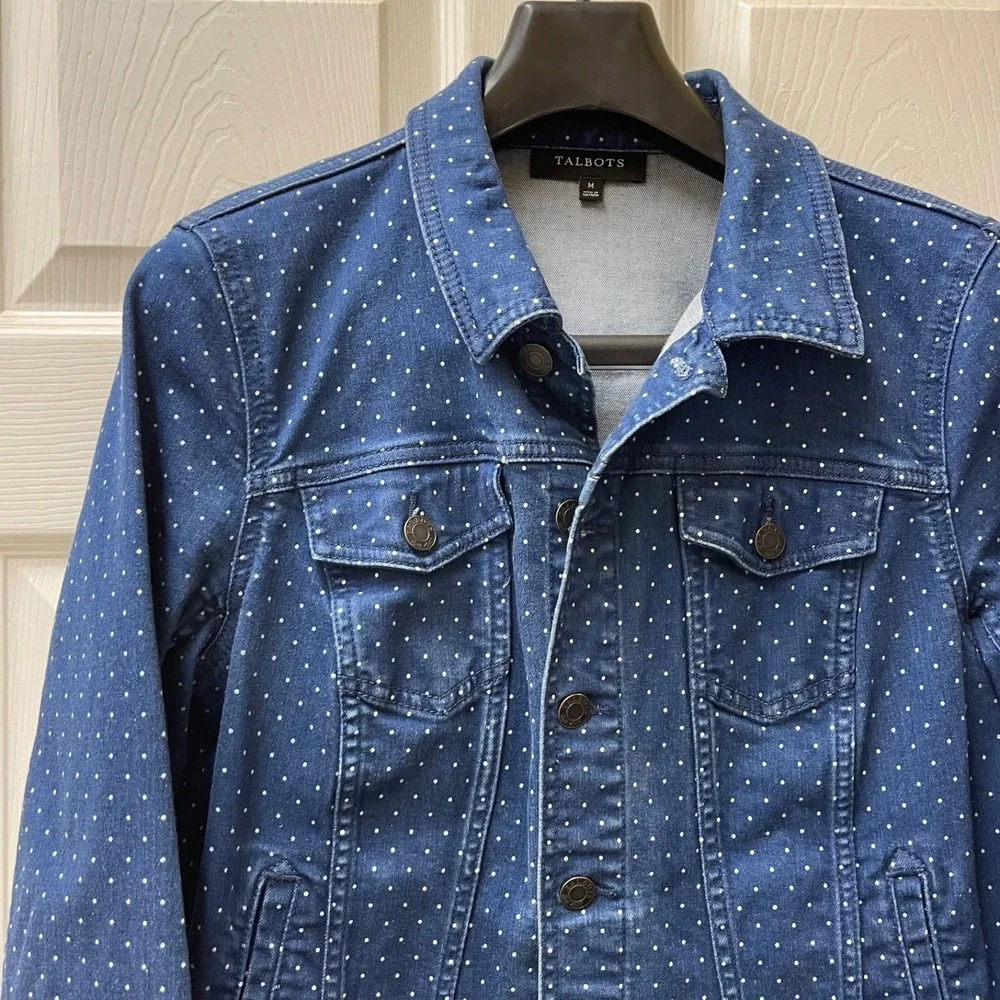 Talbots Women's Sz Medium Navy Polka Dot Jean Denim Jacket Cotton Stretch